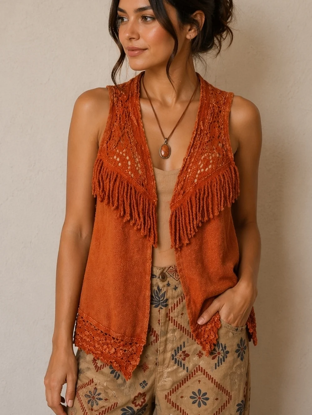 GIMMICKS by BKE Orange Fringe Terry Cloth Waistcoat Festival Vest